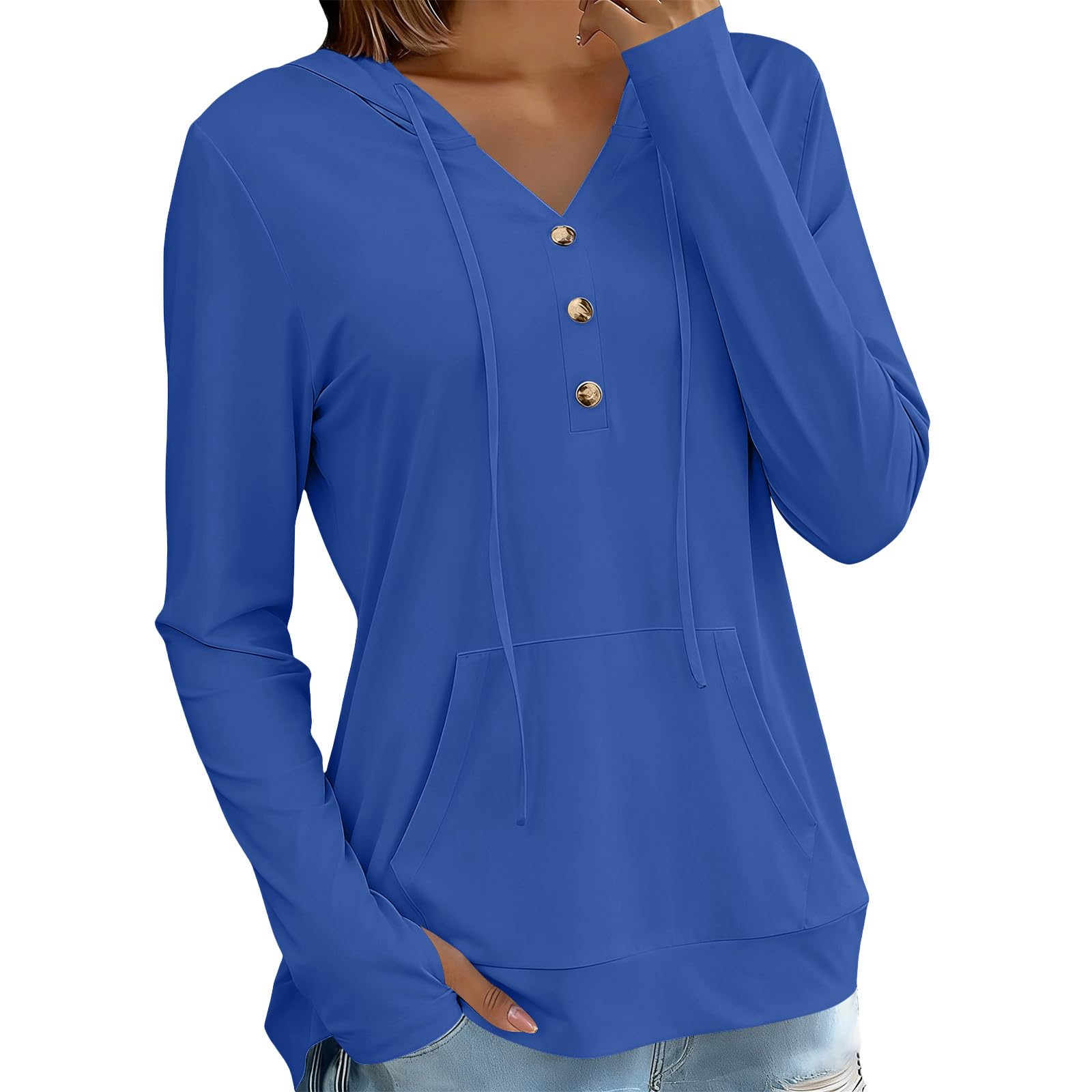 Sonnenschutz Hoodie Damen Sommer Dünne Sweatshirt mit Kapuze Knöpfe V-Ausschnitt Kapuzenpullover Schnelltrocknend Langarmshirt Locker Hoody Oberteile Leichte Langarm Sportshirt Casual Strand Top