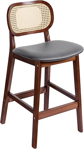 Miniatura 3 de Juego de 2 taburetes de bar de ratán con respaldo y marco de madera, sillas de bar tapizadas de piel sintética, taburete moderno de mediados de