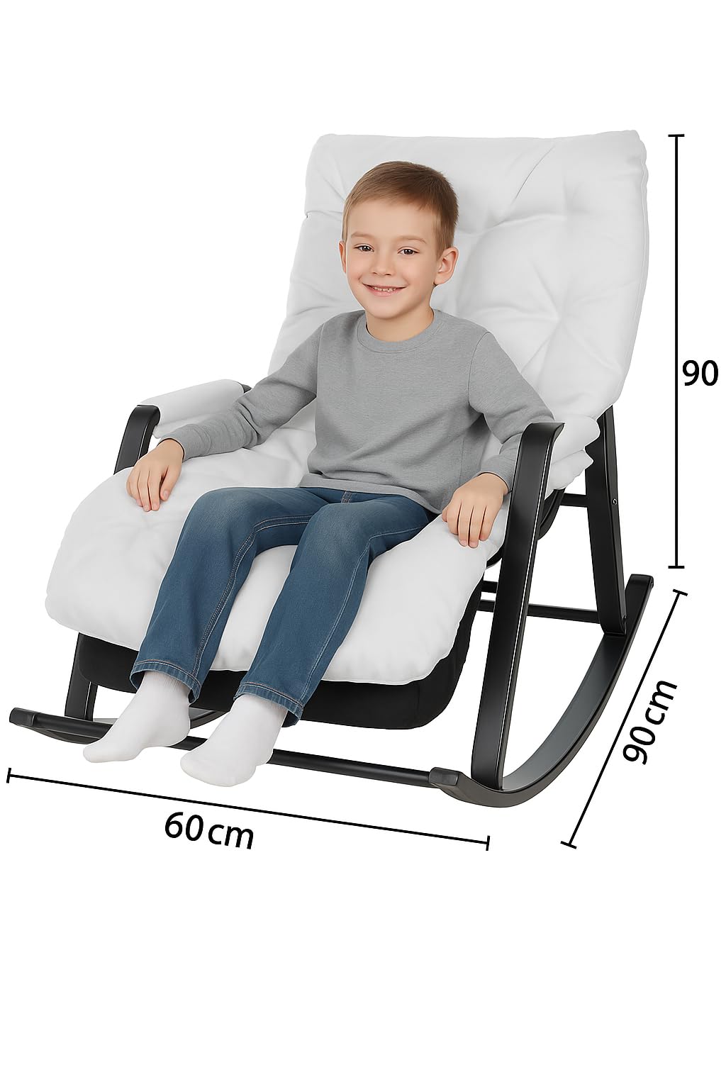 Chaise à bascule pour enfants 3 ans+ avec accoudoirs et poche latérale, structure en acier, repose-pieds réglable à 5 hauteurs, portée 250 kg, salon chambre à coucher blanc