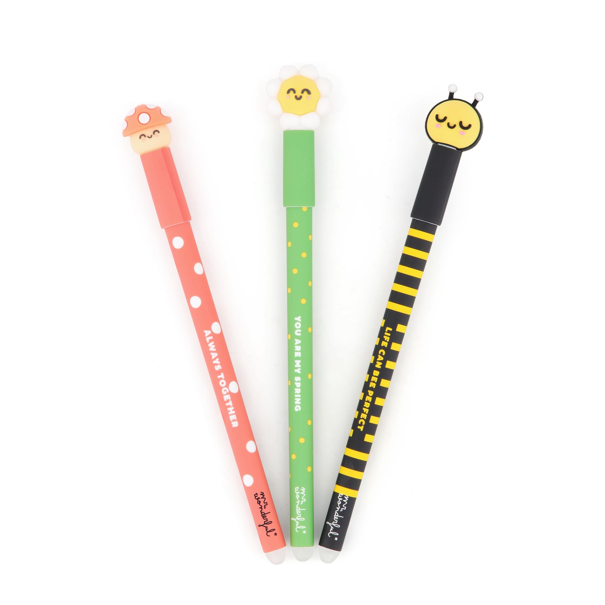 Mr. Wonderful - Set of 3 Bo-Bo Daisy, mushroom and bee Erasable pen - Nothing is impossible - Blue ink pen
