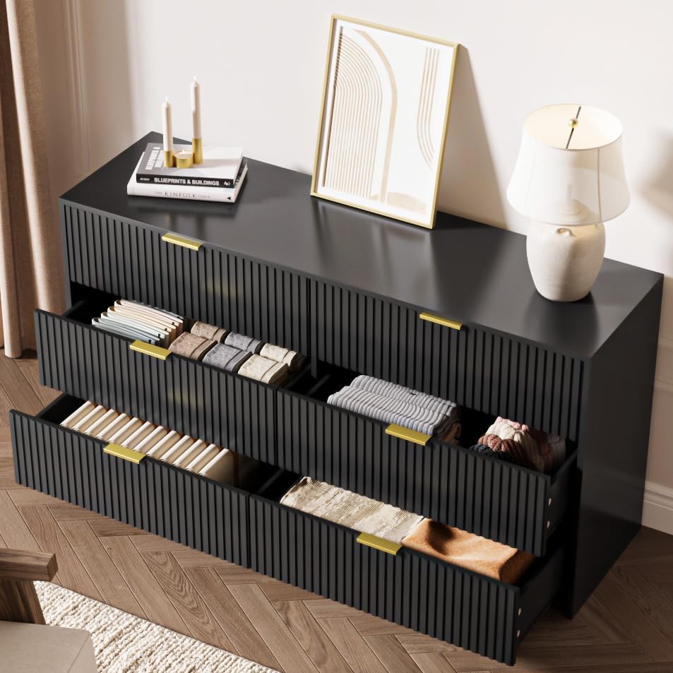 Image of MAISONARIA Black 6 Drawer Dresser for Bedroom, 55 inch Wide Modern Chest of Drawers with Gold Metal Handles, Fluted Wood TV Stand for Living Room, Hallway