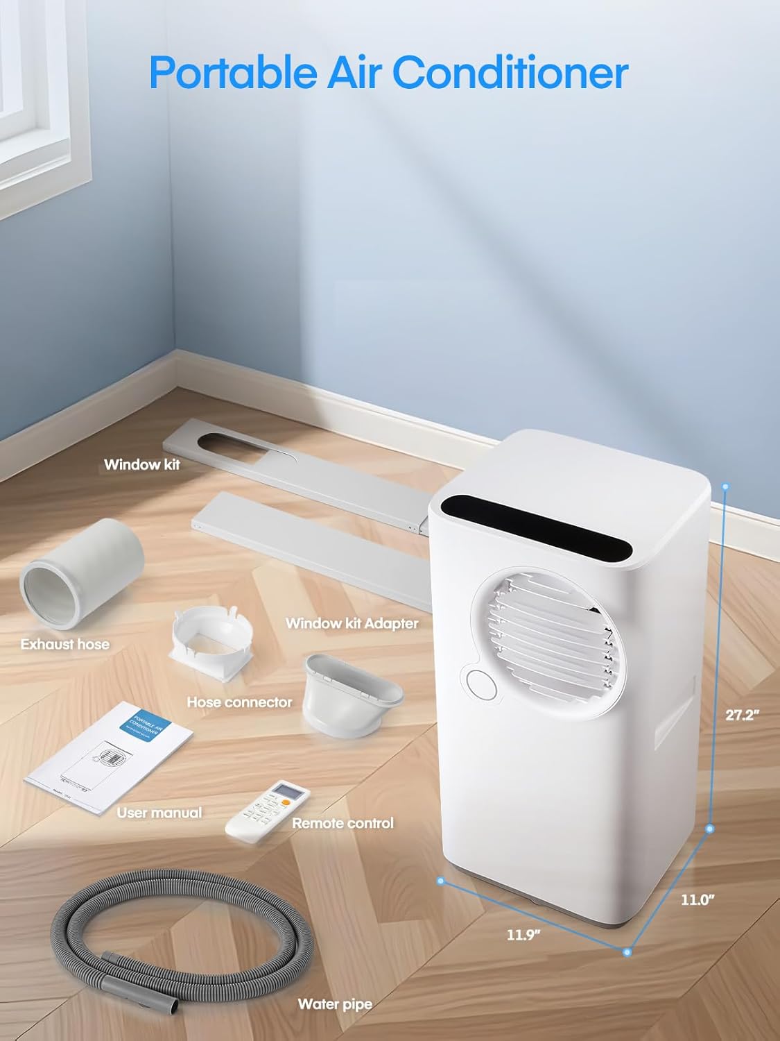 All included components of the FOHERE portable air conditioner laid out: main unit, remote control, user manual, exhaust hose, hose connector, window kit adapter, window kit panels, and water pipe.