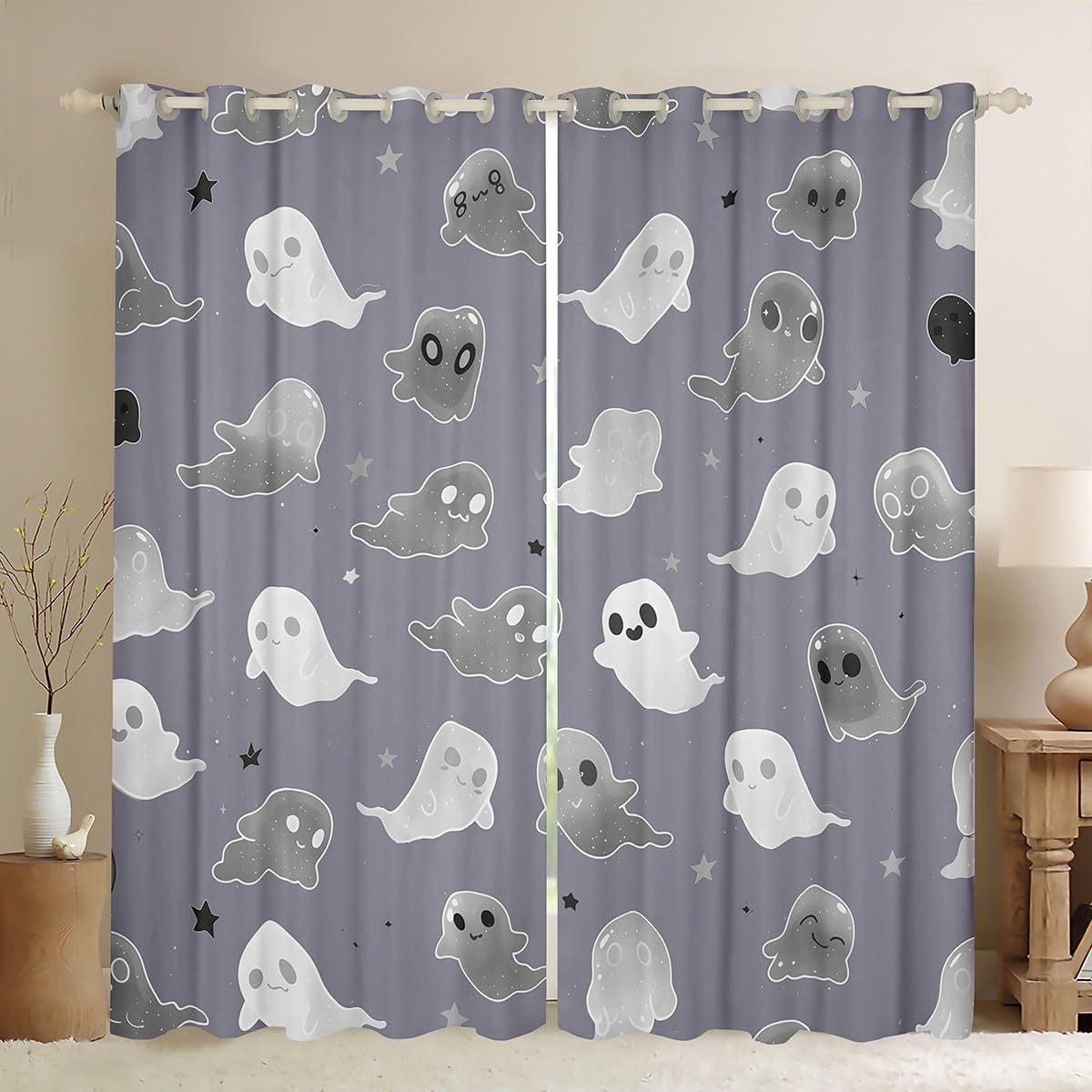 Erosebridal Cartoon Ghost Curtains for Boys Girls Cute Spooky Animal Curtains & Drapes, Happy Halloween Blackout Curtains Festival Themed Bedroom Curtains, Glitter Stars Window Treatments, Grey