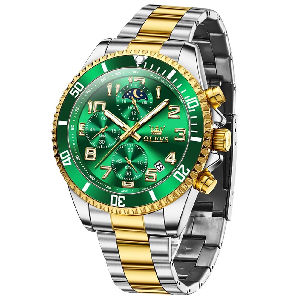 OLEVS Watches for Men Diamond Date Day Calendar Black Wrist Watches Quartz Analog Business Stainless Steel Two Tone Waterproof Luminous Men Watch (Green/Gold) (B0D9K6HWNB) Amazon Price History, Amazon Price Tracker