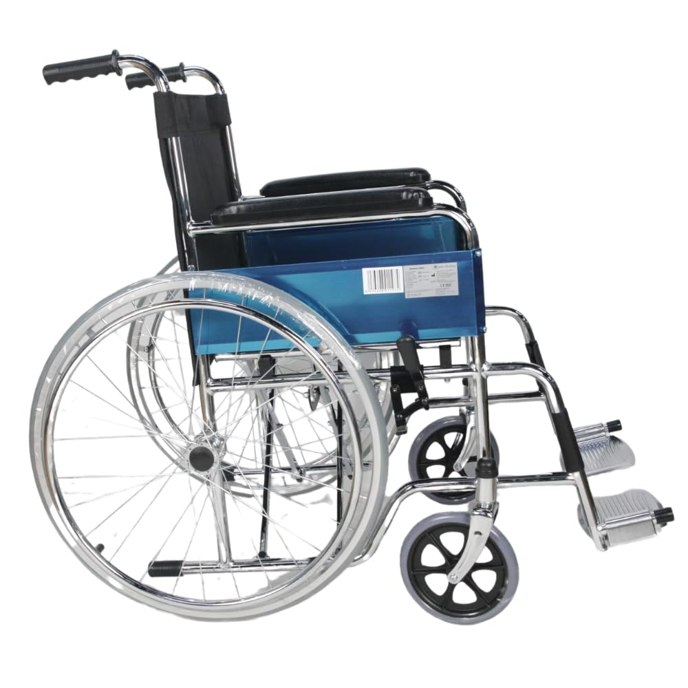 Silla de ruedas plegable, Ligera, Autopropulsable, Freno de estacionamiento, Asiento 46cm, Reposapiés abatibles,Bolsillo Trasero, Reposabrazos acolchados, Resistente,Marca españa