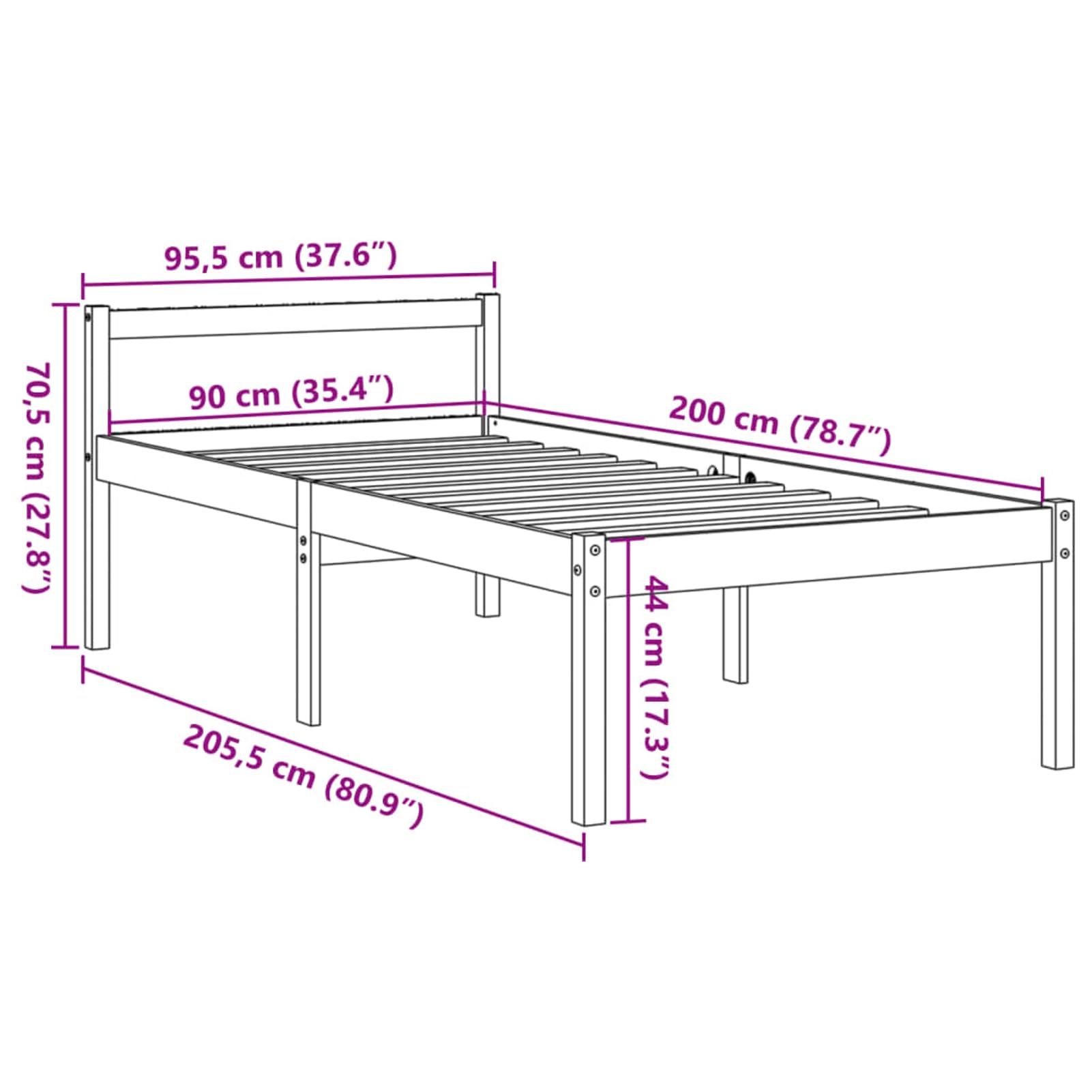 Massives Kiefernholzbett 90x200cm, 44cm Höhe, mit Stauraum - Seniorengerecht Model844155