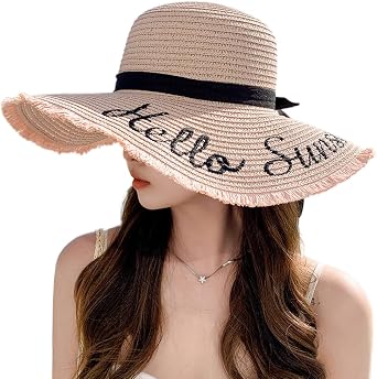 Elegant Lace Ribbon Sun Hat - Stylish Ladies Wide Brim Straw Hat with Frayed Edges,Perfect for Beach&Outdoor Travel