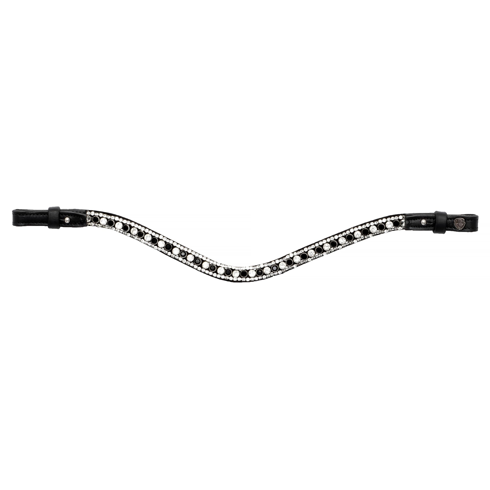 Stirnriemen Pferd Leder geschwungen Kristall Glitzer gepolstert Stirnband Zaumzeug – elegant für Dressur & Show – Hebe (Schwarz/Silber, Pony)