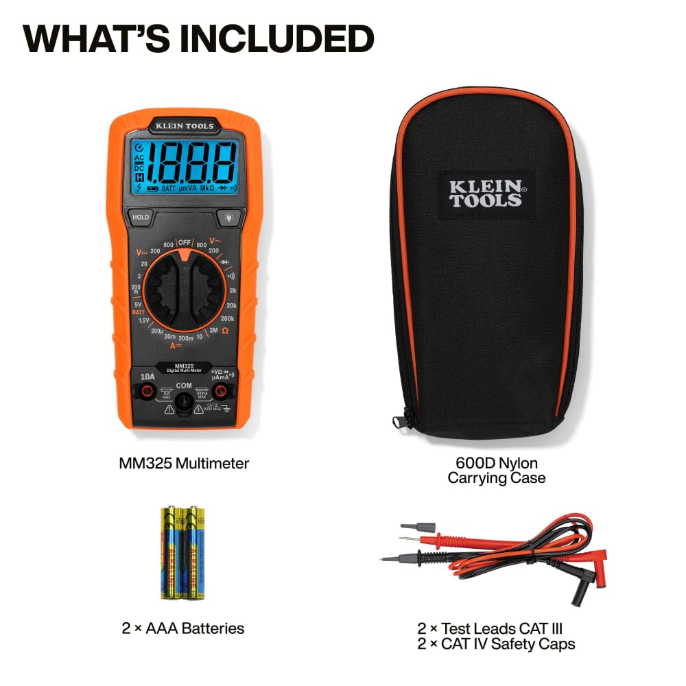 Klein Tools 80196 Digital Multimeter Kit with Case, Manual-Ranging 600V AC/DC Voltage Tester, Tests Batteries, Current, Resistance, Diodes, and Continuity, Protective Carrying Case