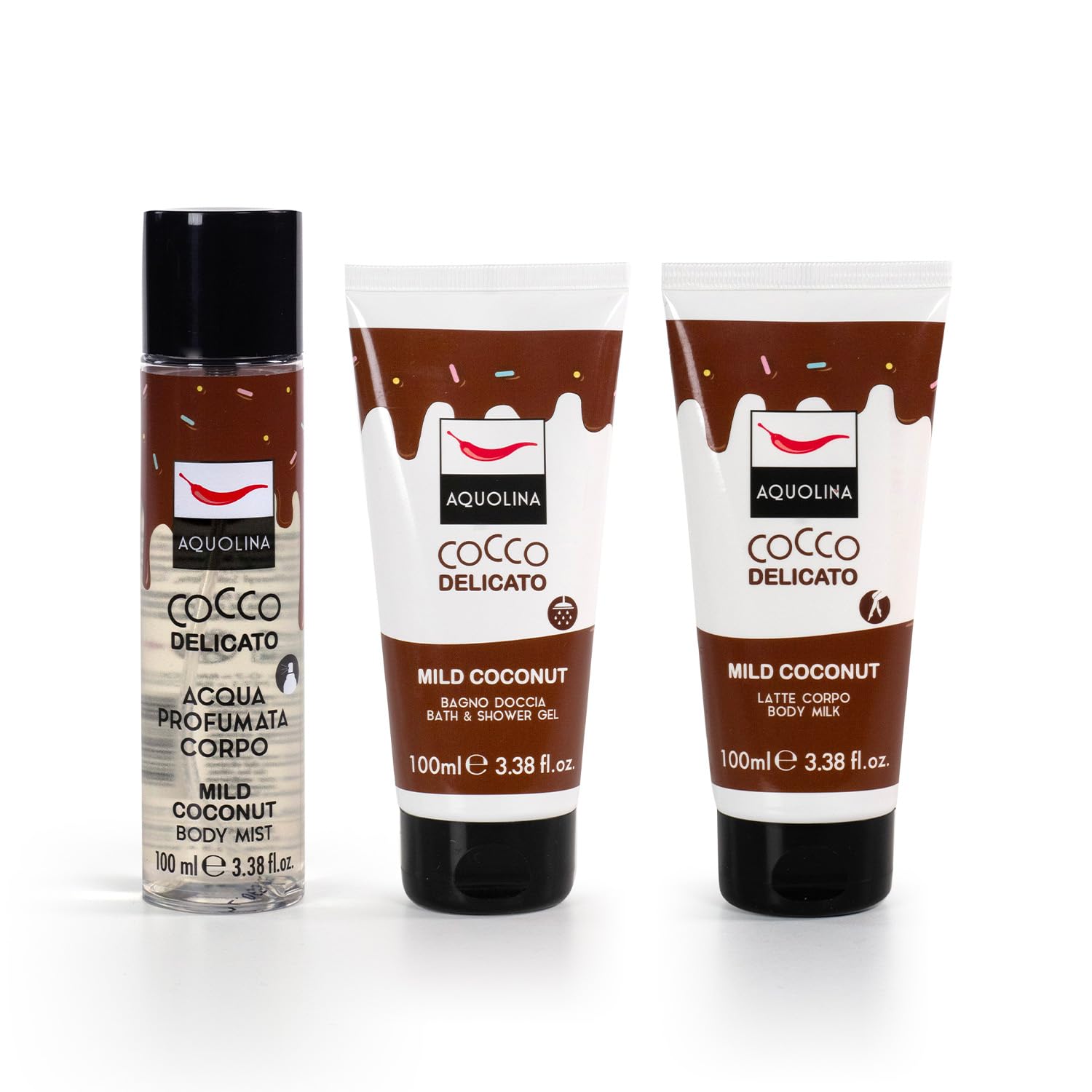 Aquolina, Travel Set Cocco Delicato: Bagno Doccia, Latte Corpo, Acqua Corpo Profumata 100ml