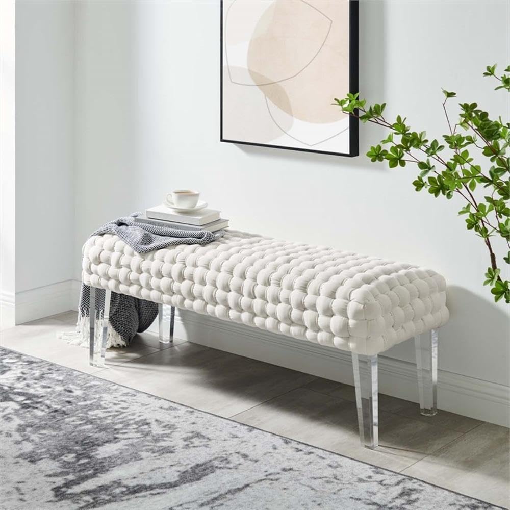 Pemberly Row Modern Woven Performance Velvet Ottoman, 49.5 in Wide, Acrylic Legs, Dense Foam Padding, Stain-Resistant White Upholstery, Bedroom or Living Room Accent Bench