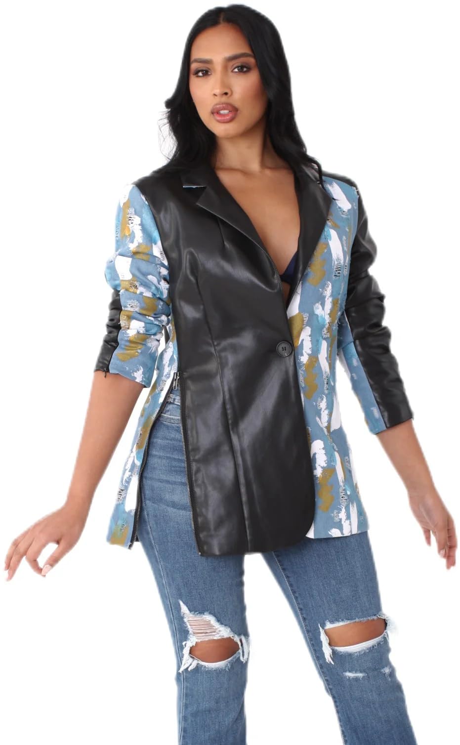 Womens Abstract Print Faux Leather Blazer Designer Statement Jacket 82056