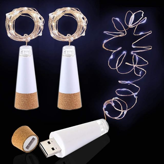 LED Wine Bottle Lights, USB Rechargeable No Battery Required, 6.5ft (2M) Copper Wire 20 LED, Cork Light for Christmas, Outdoor BBQ Party Wedding Holiday Decoration (Cold White, 3 Pack)