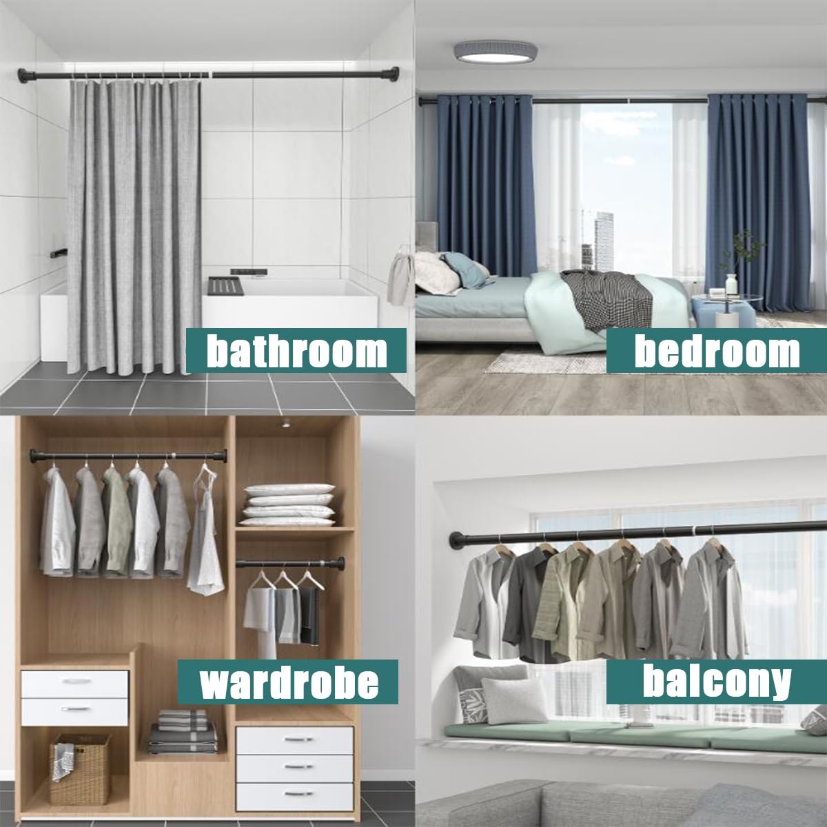 55-418cm Tringles à rideaux extensibles sans perçage en acier inoxydable,Tringle à Rideau de Douche Extensible,Tringle à tension ajustable pour rideaux,Pour chambre à coucher,Armoire,Portes Fenêtres.