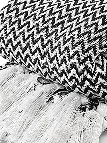 Image of SASHAA WORLD Chevron Throw Blanket Handwoven with Fringes | Throw for Living Room, Bed, XL Sofa & Chair | Black Throw Blanket | 170x250 cm Pack of 1