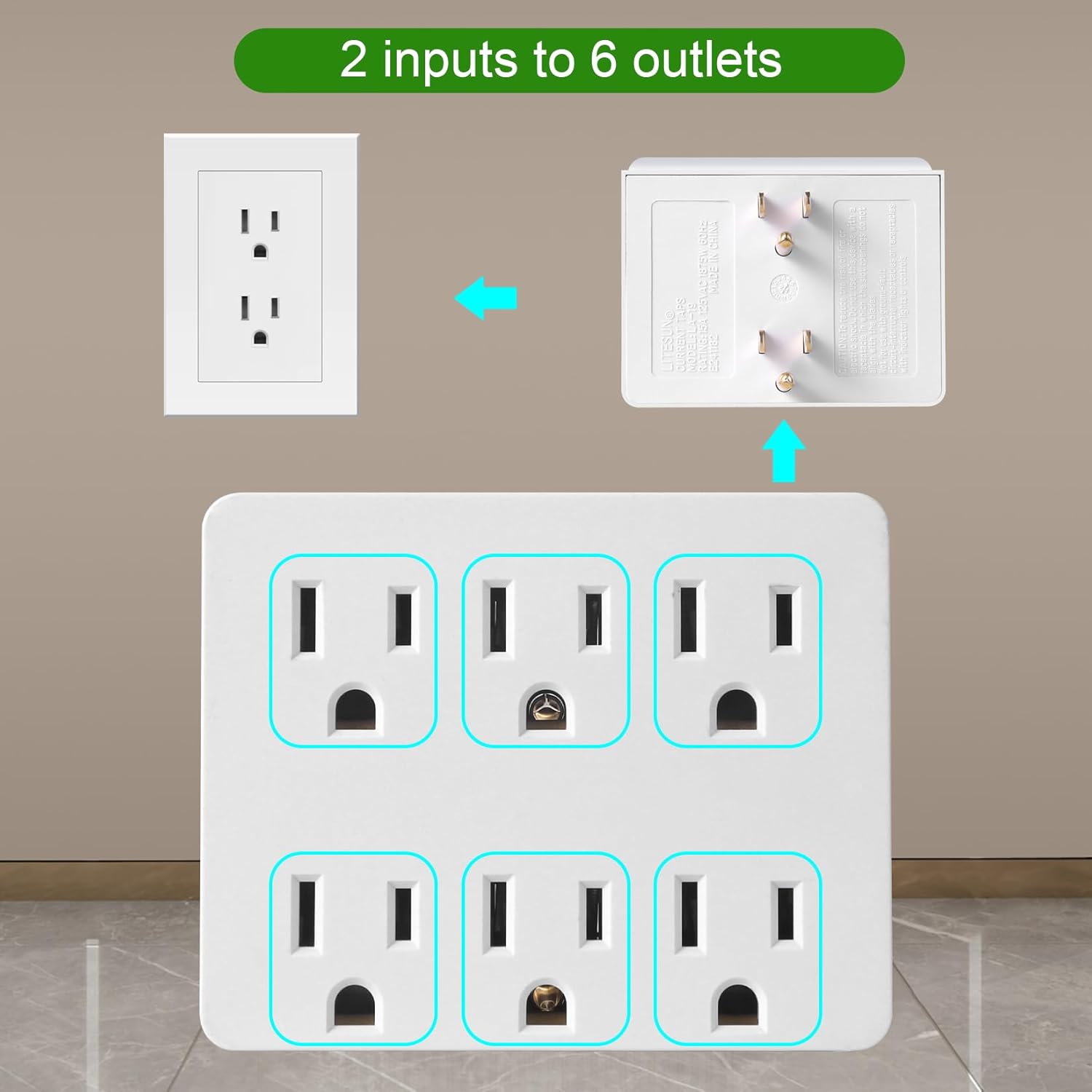 6 Outlet Wall Adapter, FiiMan UL Listed 3-Prong Grounded Outlet to The Side, Wall Plug Side Access Adapter, 6 Way Outlet Extender Tap, White (2 Pack)
