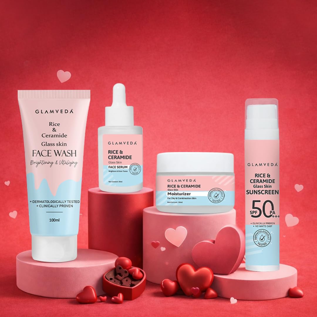 Glamveda Valentine Special Rice & Ceramide Korean Glass Skin 4 Step Skincare Gift Hamper for Women | Face Wash, Moisturizer, Serum & Sunscreen | Skin Brightening | Valentine Day Gift Set for Her