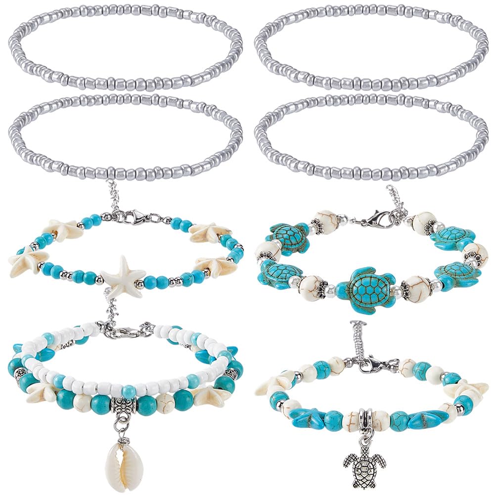 SUNNYCLUE Juego de 7 pulsera de Tortuga Marina con Turquesas para Mujer, Estilo Océano, Verano, Hawái, Concha de Cauri, Cuentas de Cristal Turquesa, Estilo Tibetano, Playa, Multihebra, Joyería de la A