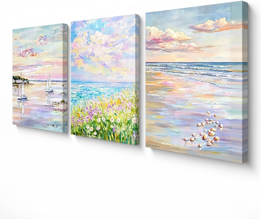 SEWEAIPIC 3 Piece Coastal Wall Art, Dreamy Pastel Pink Beach Canvas Prints, Calming Ocean Sunset Painting for Bedroom, Living Room Decor, Seascape Artwork, 16x12 inch - Framed