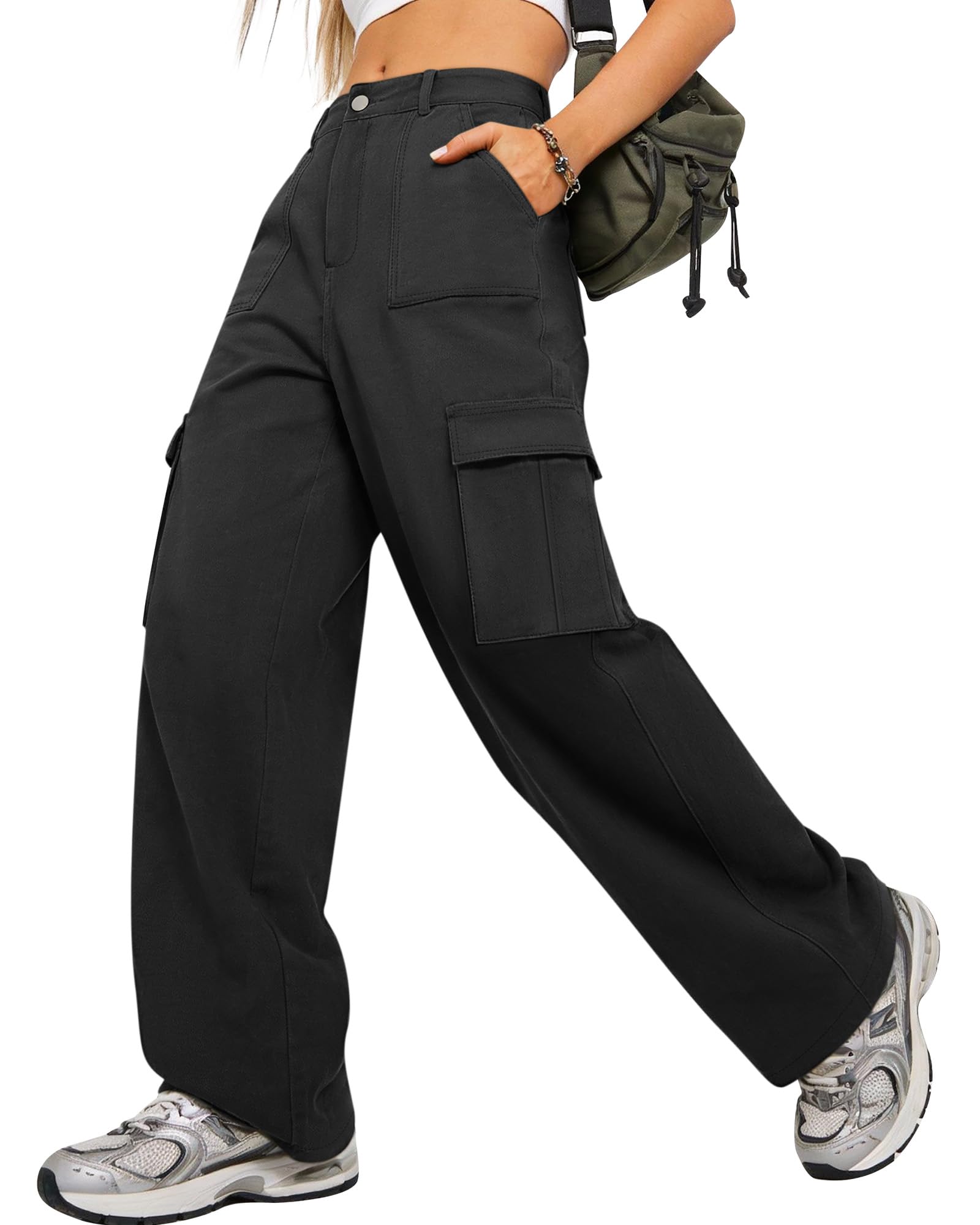 Womens Cargo Pants High Waisted Wide Leg Cotton Casual Pants Baggy Y2k Streetwear Trousers with 5 Pockets Black