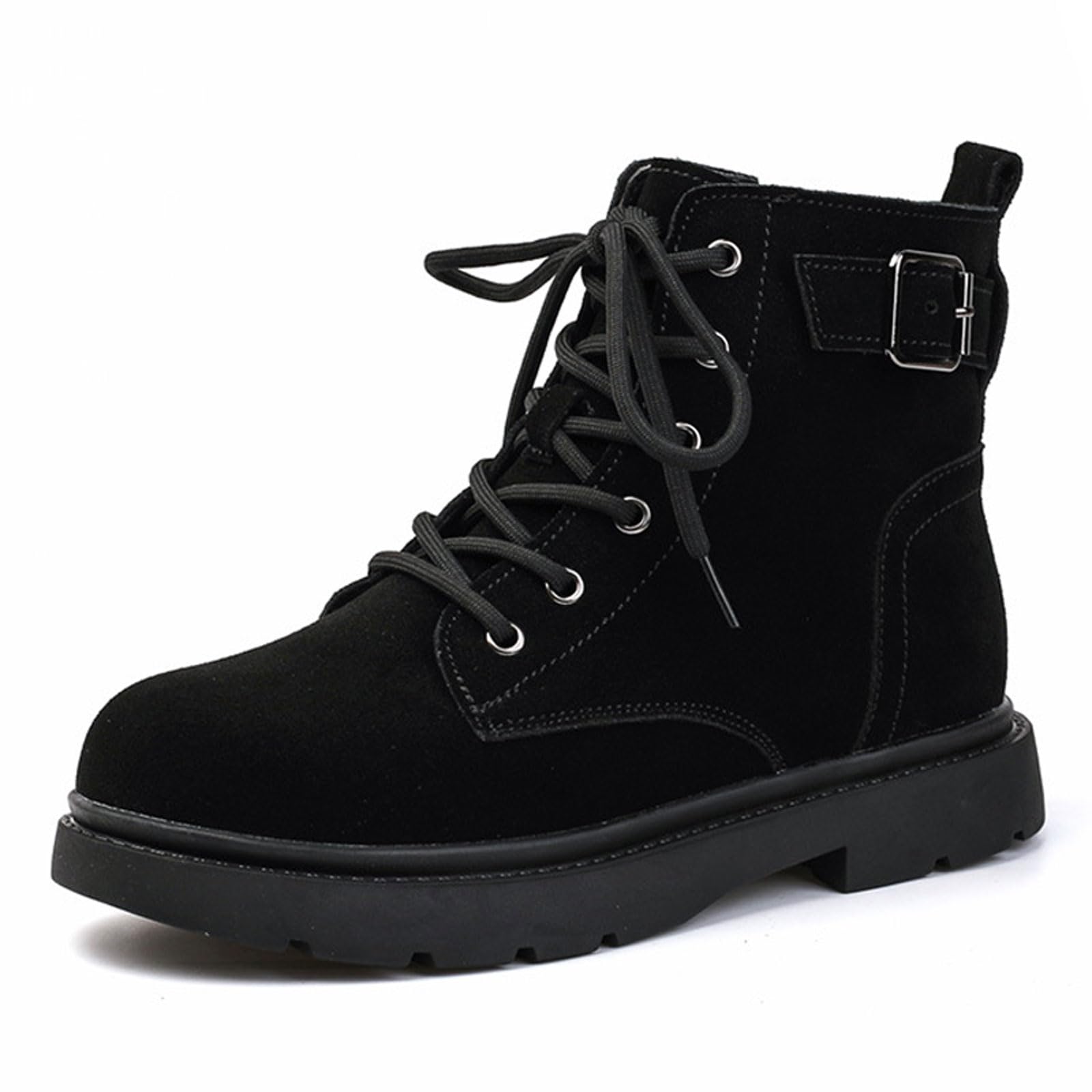 Womens Platform Suede Combat Ankle Boots Comfort Round Toe Side Zip Buckle Strap Chunky Low Heel Lug Sole