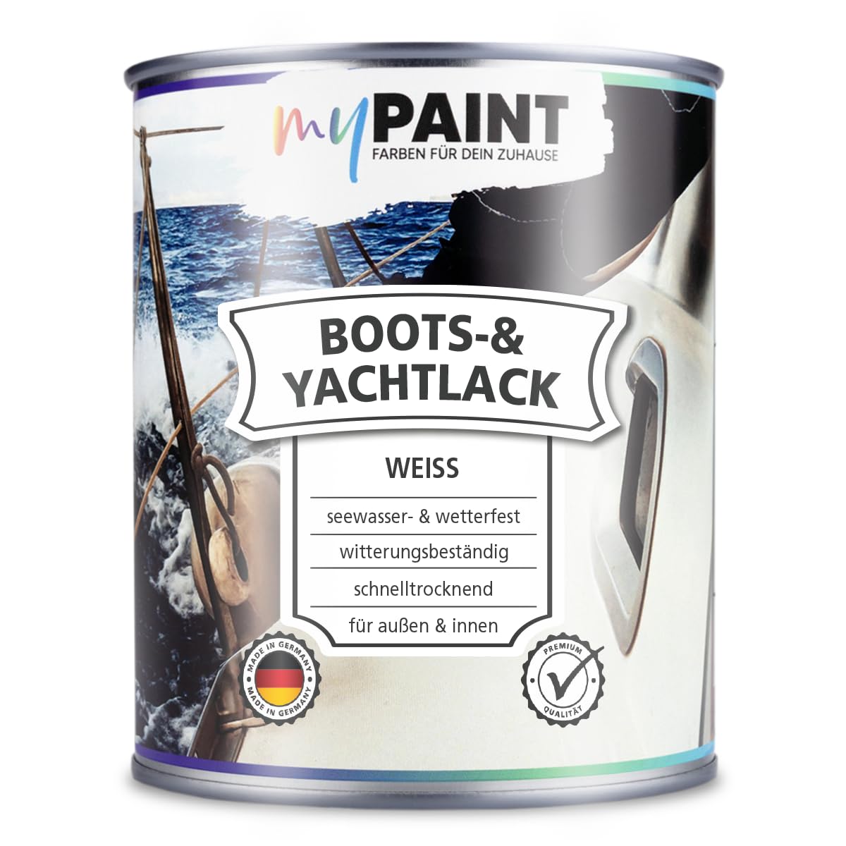 MyPaint Bootslack 750 ml - Weiß - Klarlack Holz außen wasserfest | Bootslack glänzend | langlebiger & wetterbeständiger Holzschutz für Boote, Fensterrahmen, Möbel & Gartenmöbel | UV-beständig