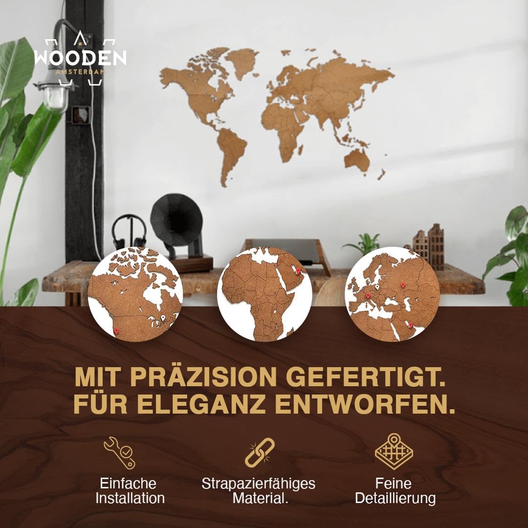 Weltkarte Holz DIY Schwarz | 180 x 108 cm Wanddeko aus FSC-zertifiziertem HDF | 48 Pins & 25 Inseln zur Personalisierung | Weltkarte zum Pinnen Geschenkidee (Braun)