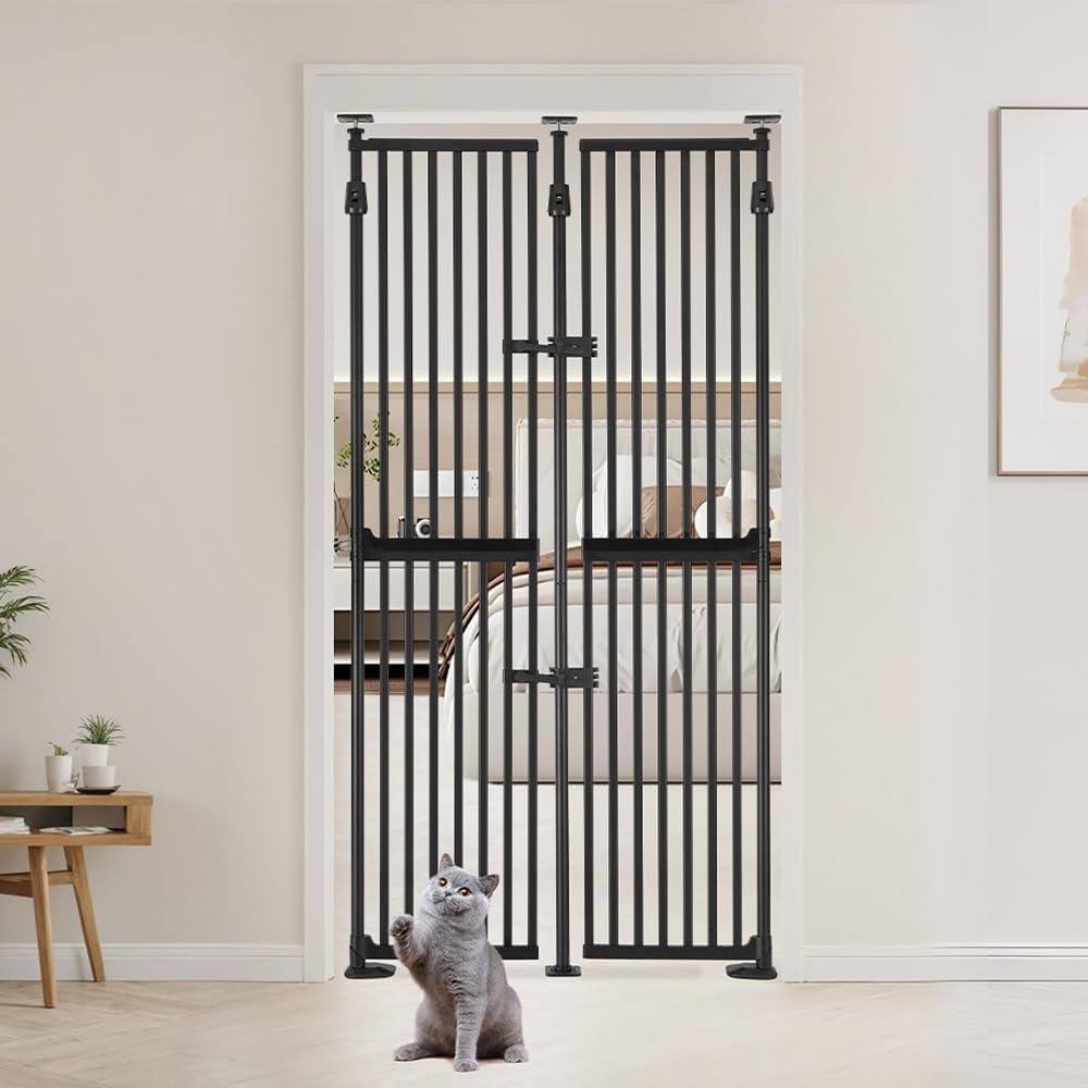 unipaws 75" High Extra Tall Cat Gate, Upgrade 3 Support Pillars-Stable Increase, Auto Closing and No Drilling Cat Dog Proof Safety Gate for Doorway, Stairs, Fit for 35"-38" Wide Opening, Black Black 35"-38"W×75"H