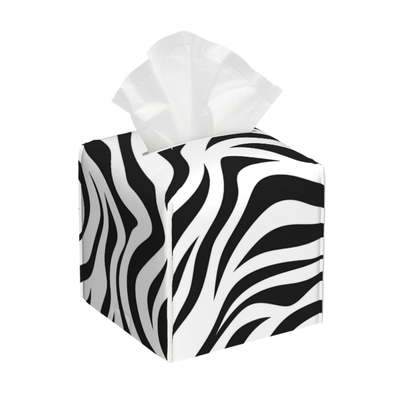 Tissue Box Cover White Black Zebra Print Pattern Square PU Leather Tissue Box Holder for Car Bathroom Bedroom Desk Tabletop Decor