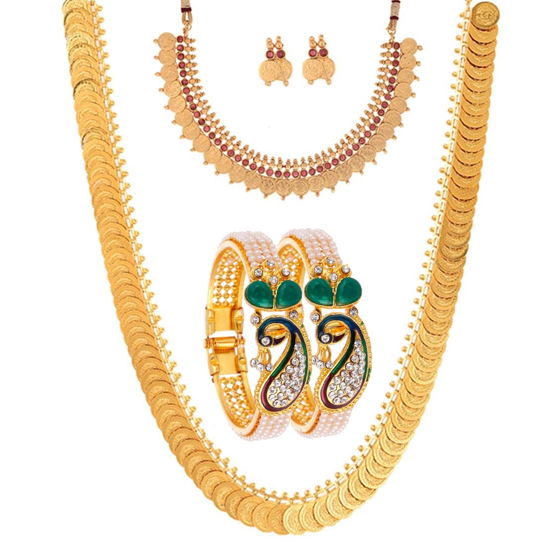Zeneme Jewellery Set Gold Plated Pearl Studded Bangles Jewelry, Long Maharani Temple Coin Necklace, Short Red Green Necklace Set with Earring Jewellery for Women and Girl