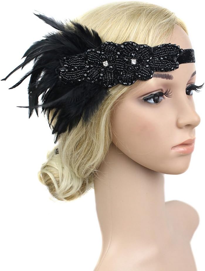 Feather Flapper Headband Roaring 1920s Black Vintage Sequined Gatsby Headpiece for Women
