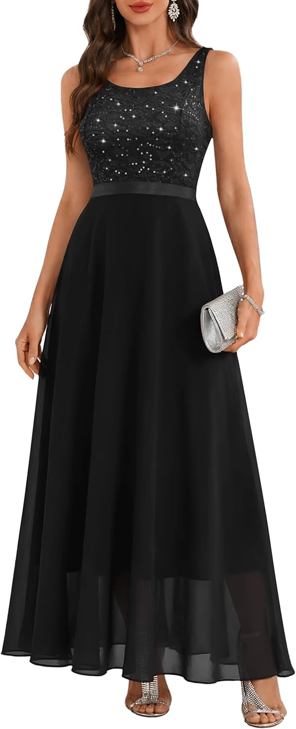 BeryLove Sequin Formal Dress for Woman A Line Lace Prom Dresses Sleeveless Cocktail Maxi Gowns