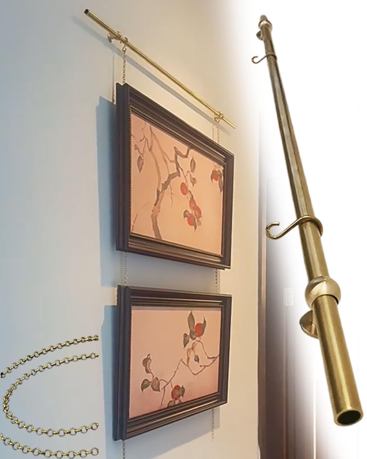 Colgar Cuadros Barras Ajustables para Colgar Cuadros con Cadenas Doradas. Sistema de Galería para Colgar Cuadros y Exhibir Fotos. Poste de 50 a 250 Cm de Largo.(160cm/63in/5.2ft)