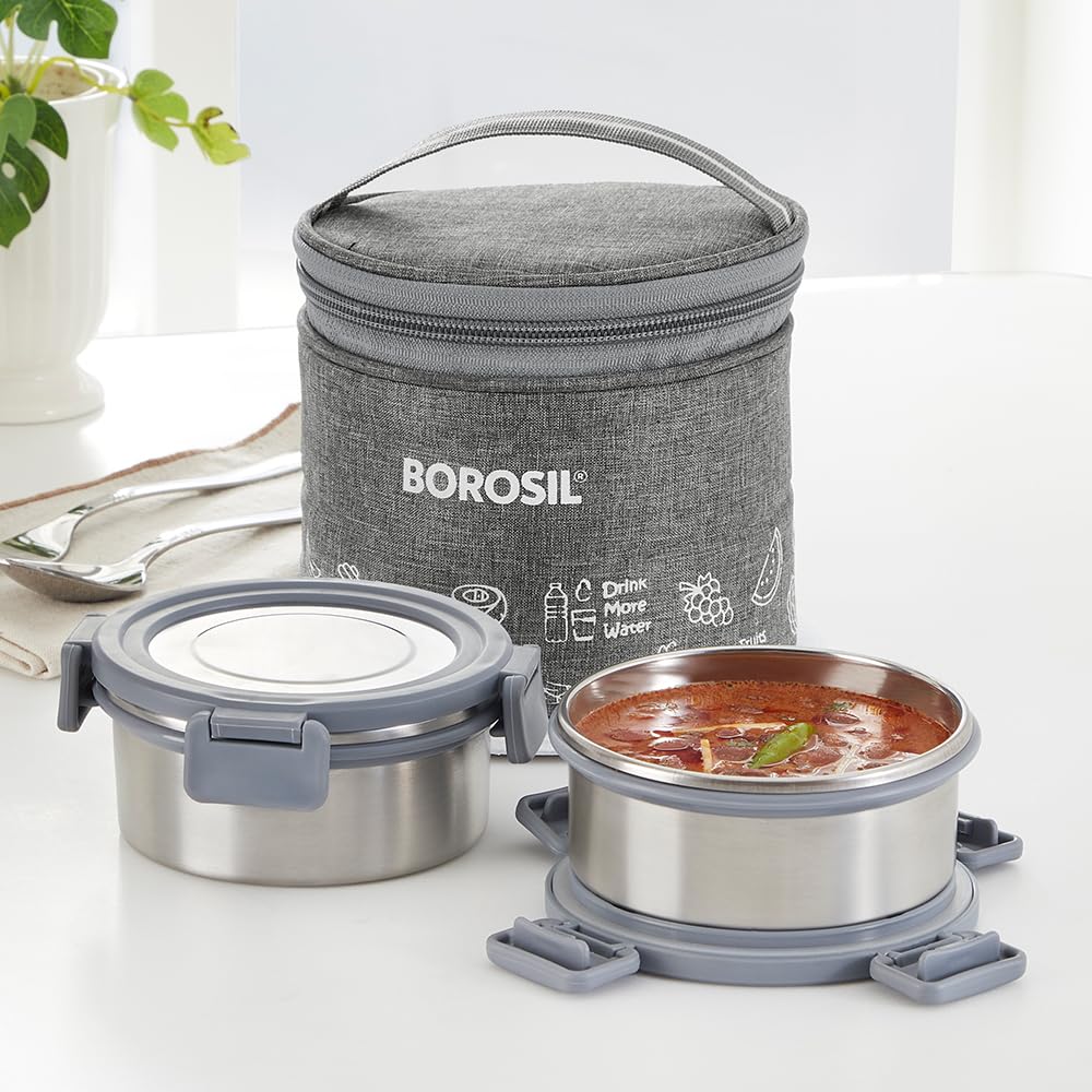 Borosil Slate Stainless Steel Lunch Box with Bag | 2 pc Round Container Set (280ml Each) | Single Wall Lunch Box with Food Grade Steel | Leakproof & Dishwasher Safe | 1 Year Warranty | Grey, Vertical (B0D5R95W92) Amazon Price History, Amazon Price Tracker