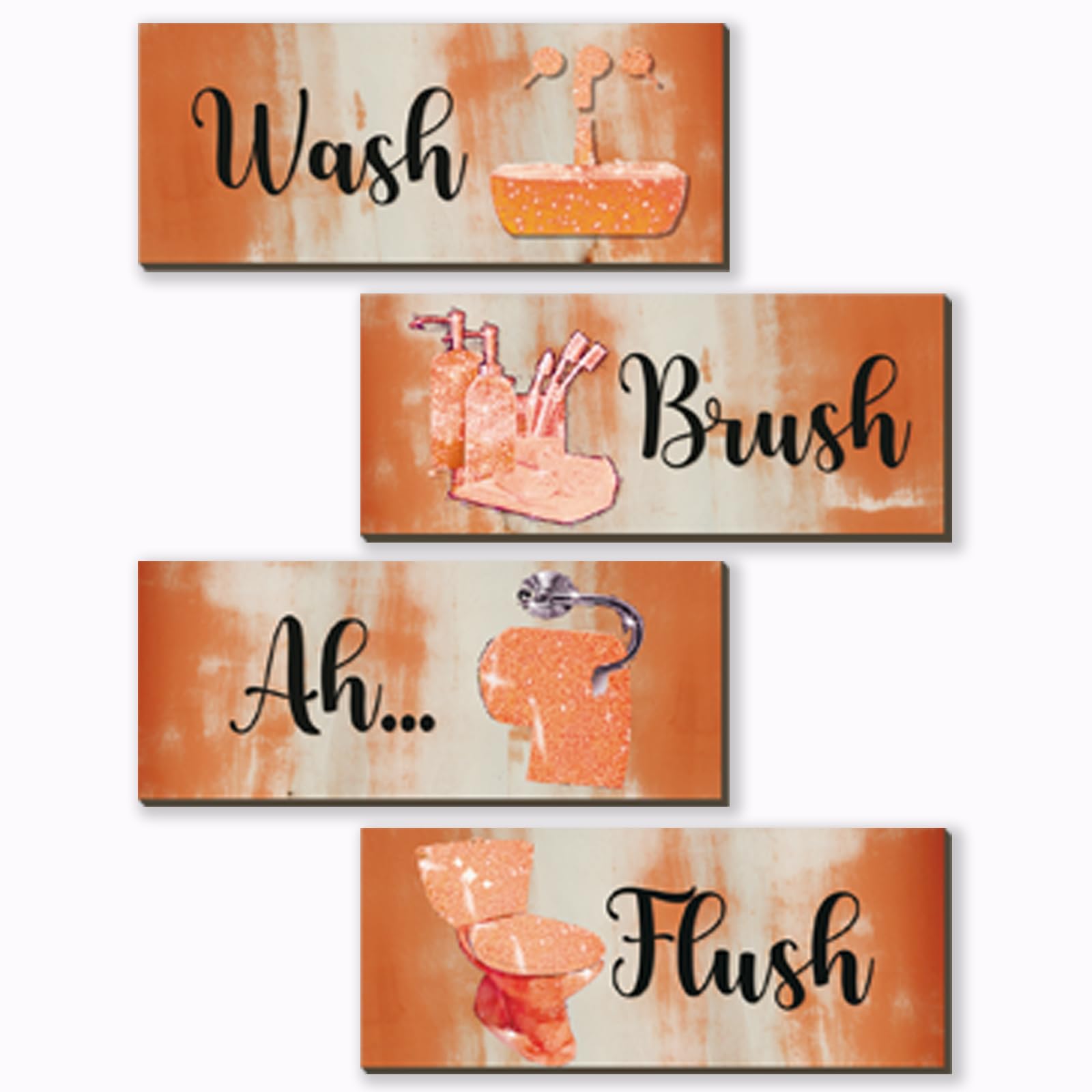 FENCORDAR 4 Pcs Orange Bathroom Decor Abstract Orange Black Bathroom Decor Wooden Modern Funny Glitter for Home Toilet(10x4 Inch)