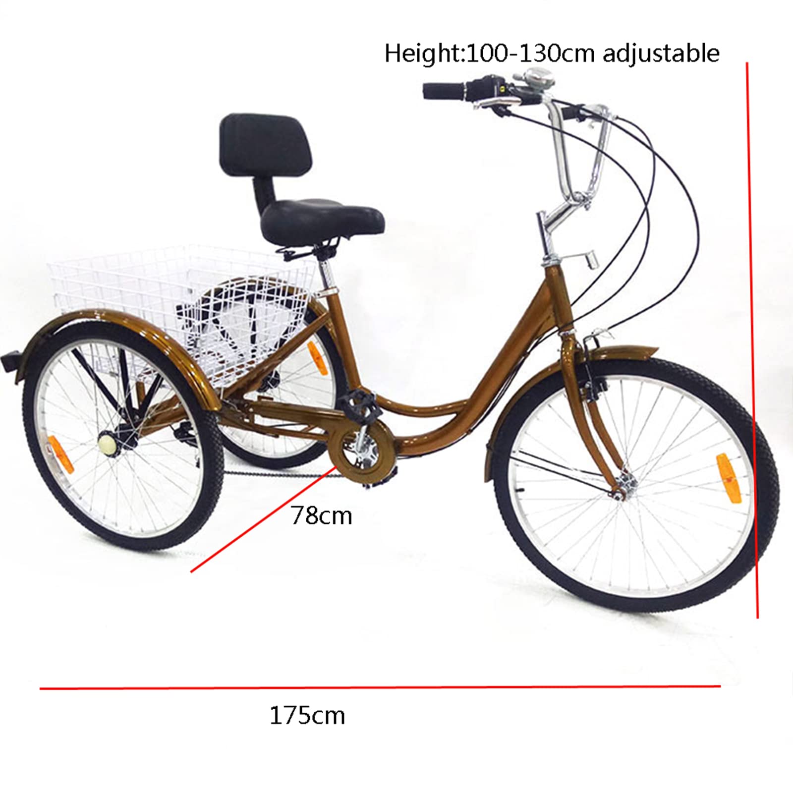 Minus One Triciclo Adulto Adulto Triciclo Bicicleta con 3 Ruedas Senior Bicicleta de Carga 24" 6 velocidades (Dorado sin luz)