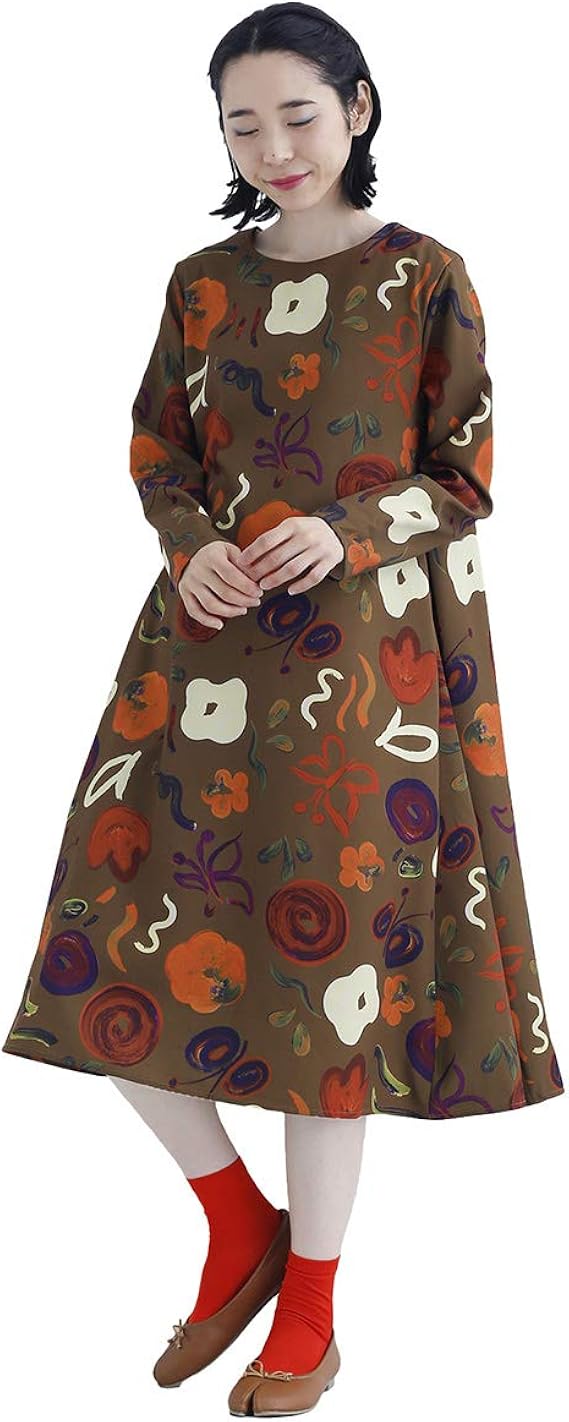 Amazon Co Jp メルロー Merlot 植物デッサン柄ワンピース キャメル 服 ファッション小物
