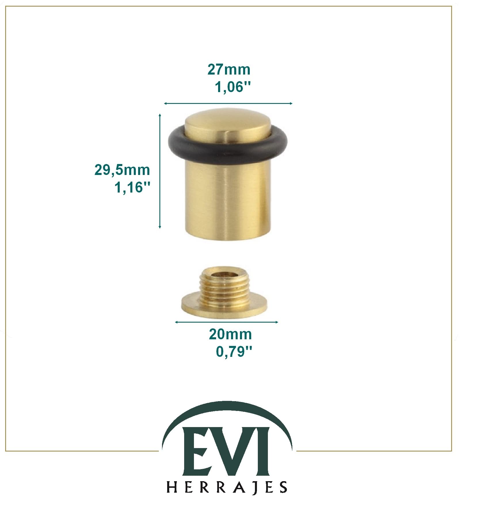 EVI Herrajes | Lot de 2 Butoirs de Porte en Laiton | Ø20x29mm | Finition Mate | Installation par vis | Mod. 108MT