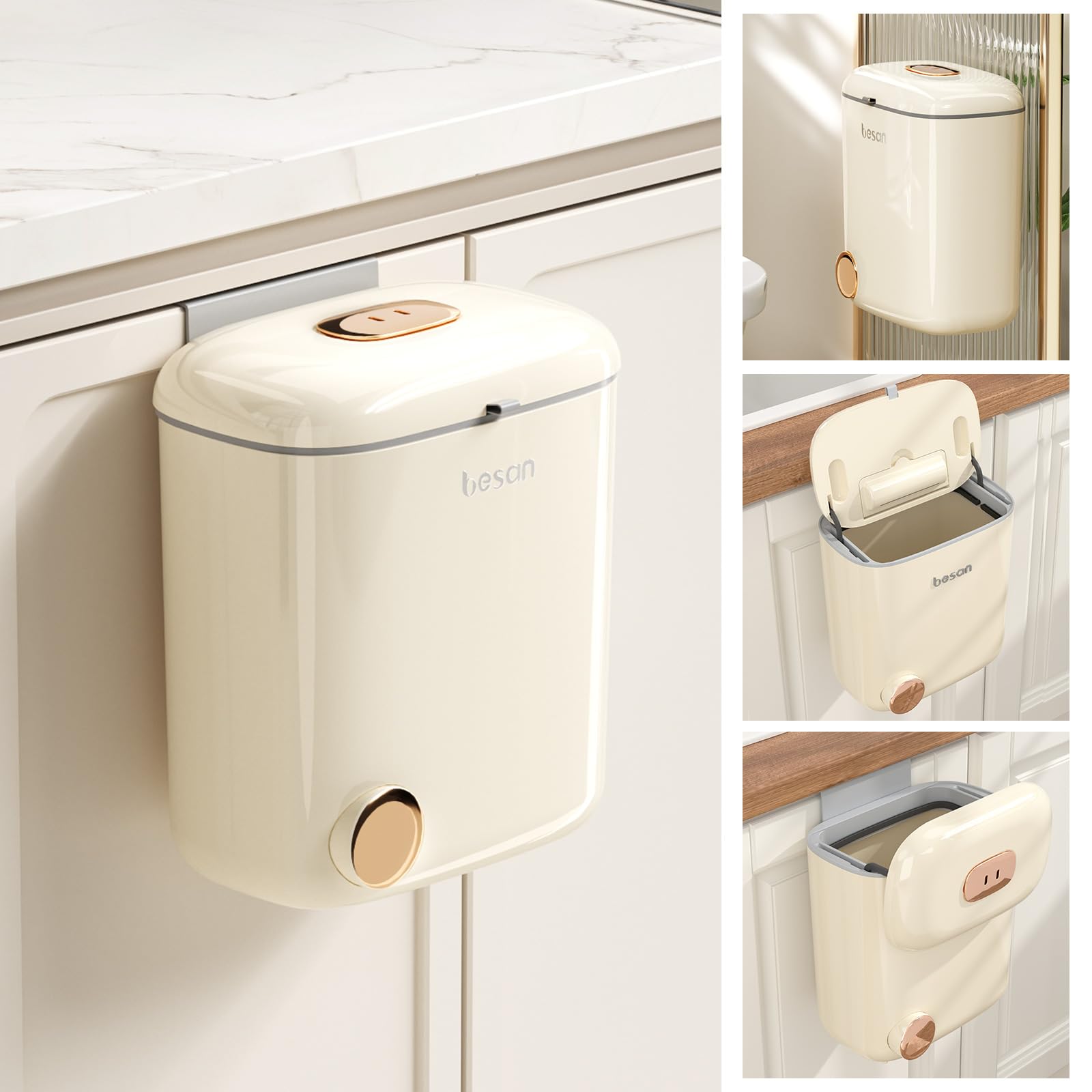 ISAPIFRI 2.4 Gallon Kitchen Trash Can with Lid Compost Bin for Counter or Under Sink Hanging Small Trash Can for Kitchen, Bathroom, Bedroom, Cupboard (Without Inner Bucket, White)