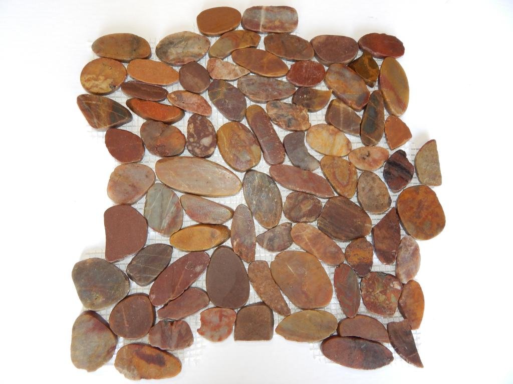 Interlocking Pebble Floor Tile | Kitchen, Bathroom, and Patio Flooring | Indoor and Outdoor Use | Natural Auburn Red Stones | Quick and Easy Grout Installation