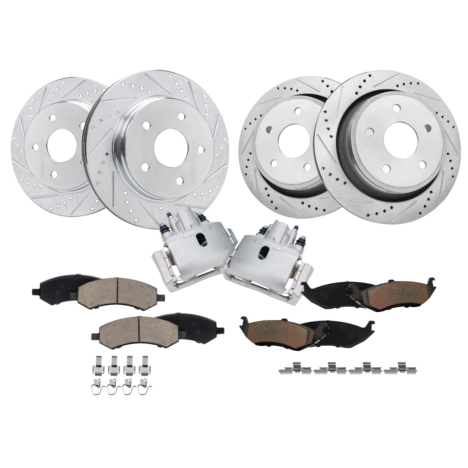 Detroit Axle - Brake Kit for 5 Lug 2007-2009 Chrysler Aspen Dodge Durango | 2006-2018 Dodge Ram 1500 Front &amp; Rear Drilled &amp; Slotted Brake Rotors Ceramic Brake Pads Rear Brake Calipers Replacement