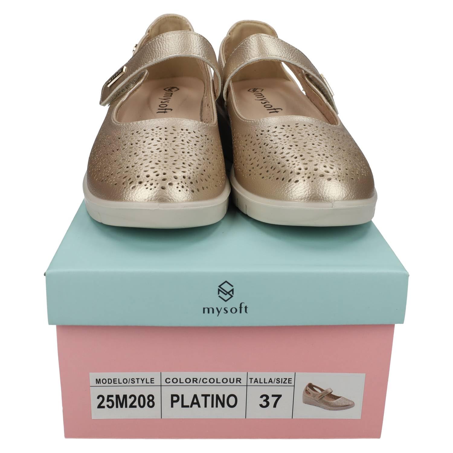 mysoft 25M208 Manoletinas Mujer Platino con Diseño Calado y Cinta Textil Adhesiva Mujer Manoletinas