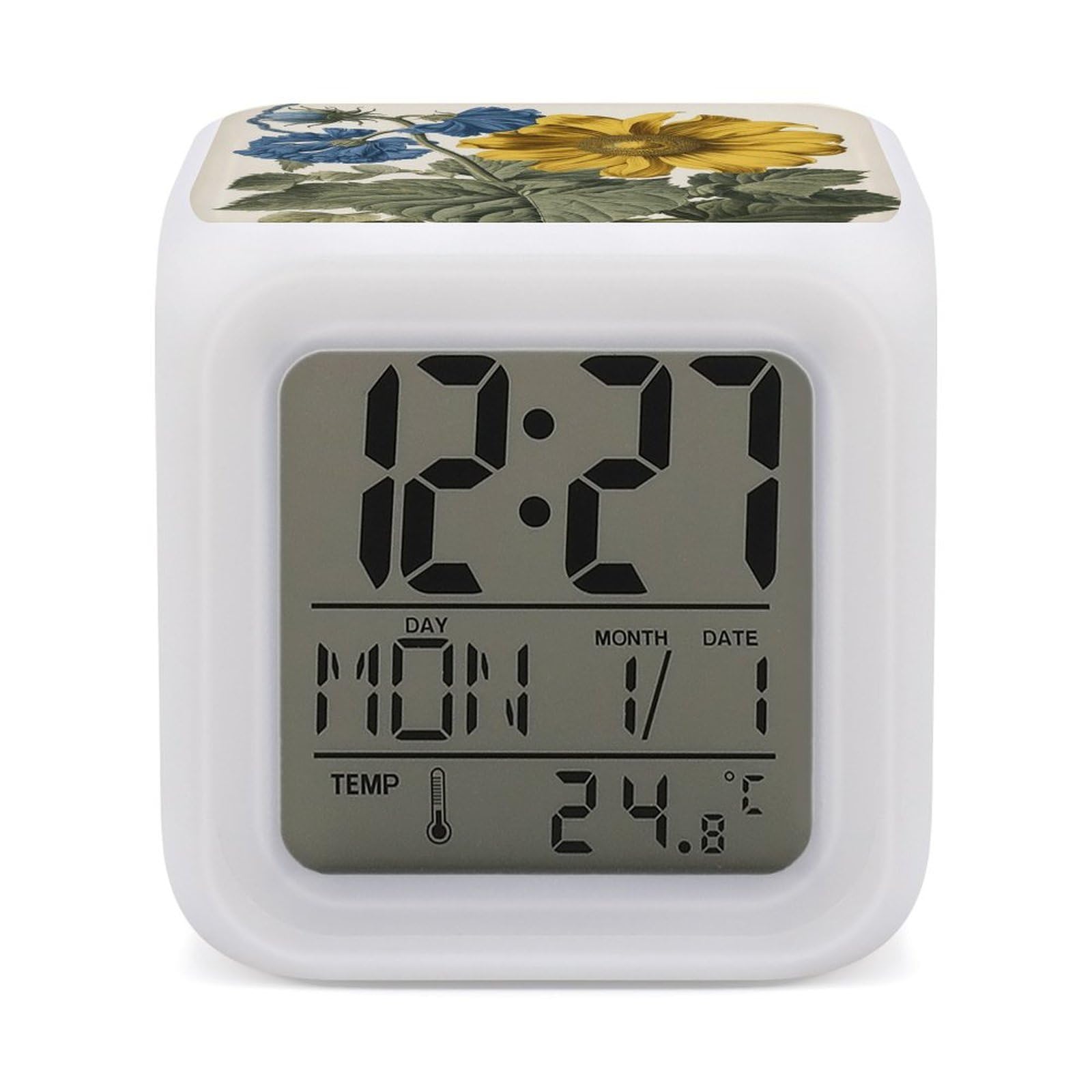Reloj de sobremesa con forma de flor amarilla ideal para regalar con luz nocturna y fecha LED