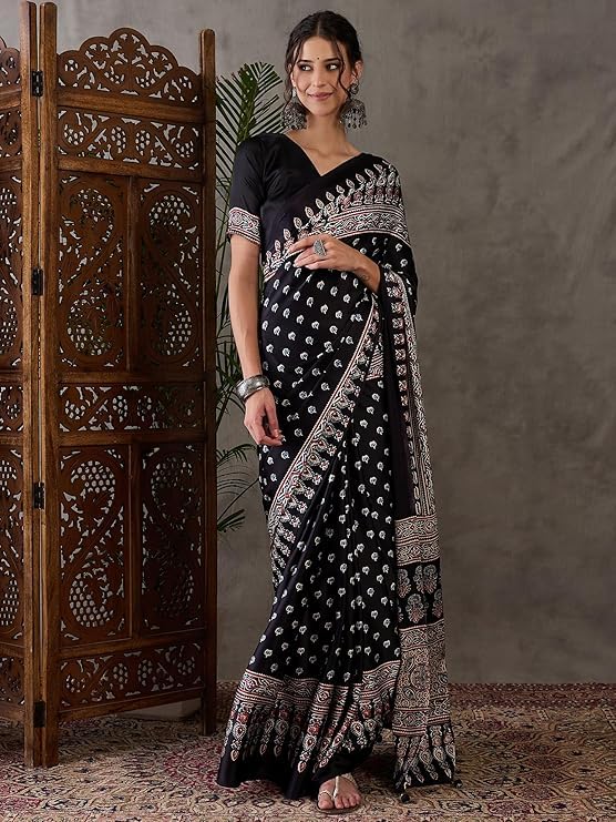 Image of SATIKA VASTRAM Modal Silk Ajrakh Saree Bandhani Design Crepe Printed Designer Pallu Attach Blouse Piece