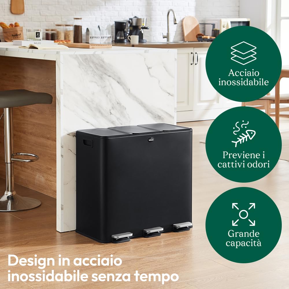 CASABEL Pattumiera Differenziata 3 Scomparti 3x20L, in Acciaio Inox Nero, Secchio Spazzatura - Pattumiera da Cucina per Riciclaggio Rettangolare a Pedale - Bidoni Differenziata da Interno