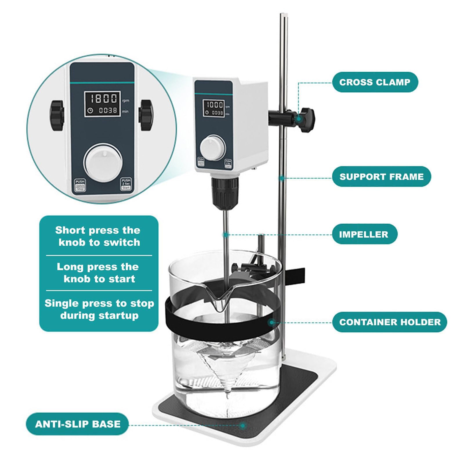 Agitador superior para mezcla de laboratorio, capacidad de 10 l/20 l, velocidad variable de 100-1500/50-1200 rpm, temporizador de 0-24 horas, con sensor de seguridad y abrazadera ajustable