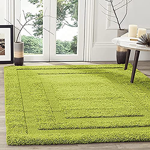 Image of Rectangular Box Square Shaggy Carpet for Living Room, Bedroom, High Low Design Finish Microfiber 1.8 Inch Pile High, 6x6 Feet Green|Green Color