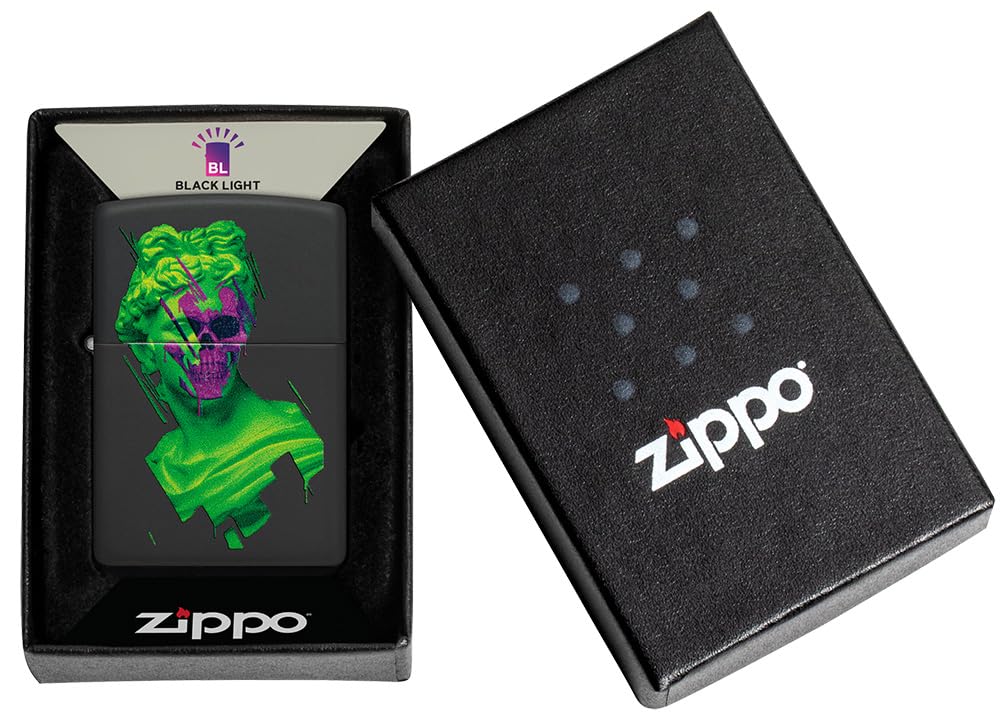 Zippo Briquet Tempête - Skull Hellenism - Noir Mat - Effet Lumière Noire - Rechargeable - Réutilisable - Design Coupe-Vent - Coffret Cadeau - Fabriqué aux États-Unis