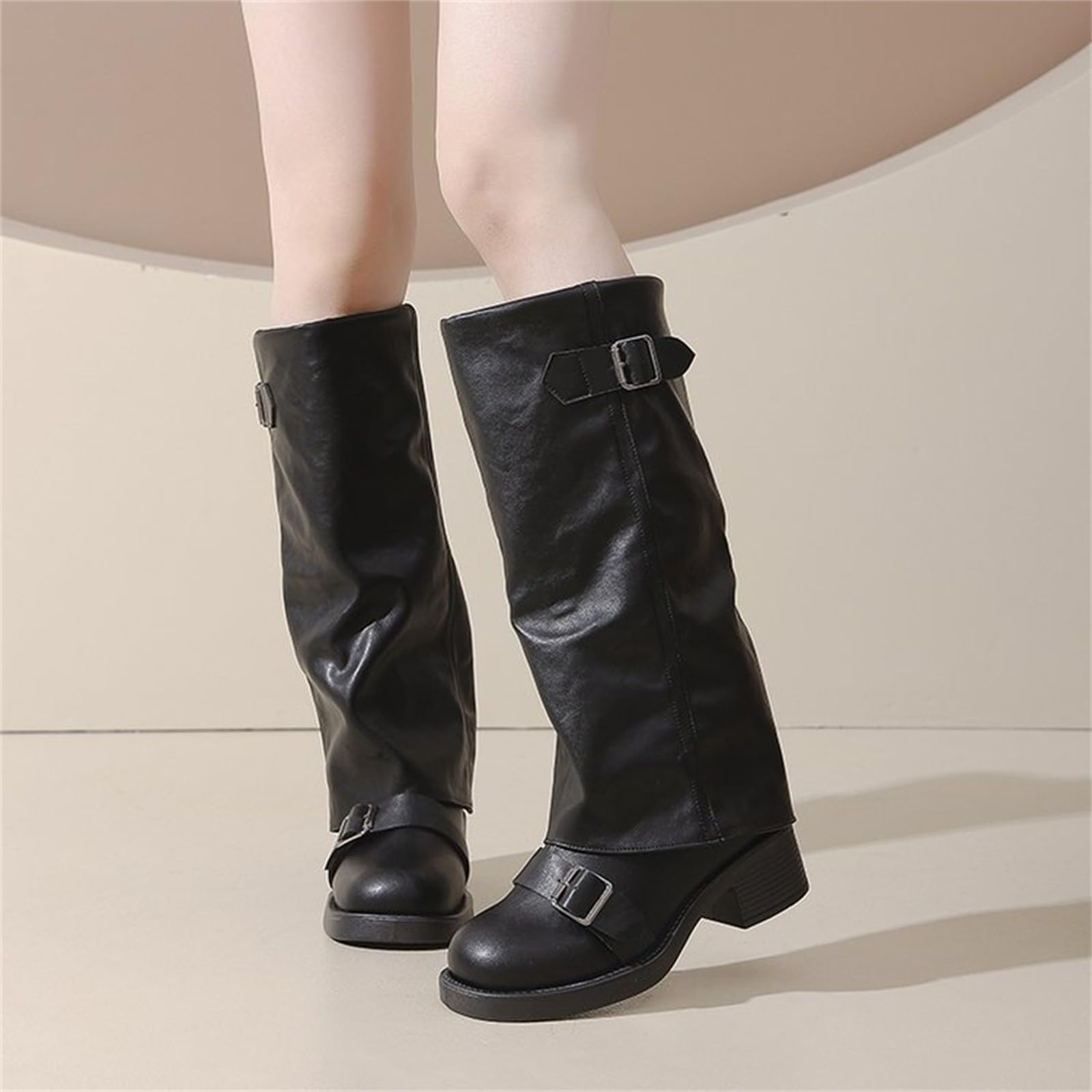 Generico Stivali Donna con Tacco Invernali Autunnali Texani Cowboy Stivaletti Alti Stivali al Ginocchio Stivaletti Punta Stivaletto Wide Fit con Plateau Blocco scarpe Gamba Larga in Pelle