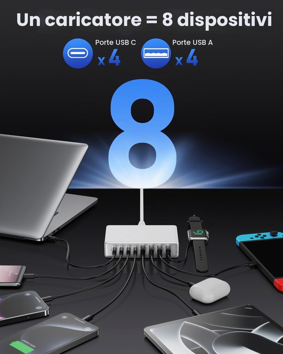 200W GaN III Caricatore Multiplo USB C - 8-Porte Stazione Ricarica Rapido QC4.0+PD 65W per Laptop, Caricabatterie Compatto per MacBook PRO/Air, iPhone, Samsung (Bianco)